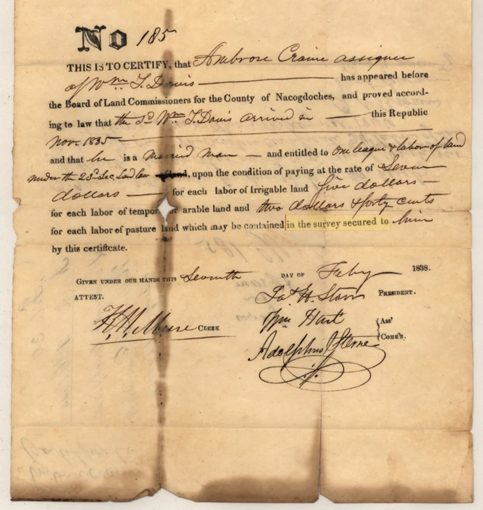 Davis, William T Original Cursive Land Grant & Field Notes (Rusk County, Abstract A-231)